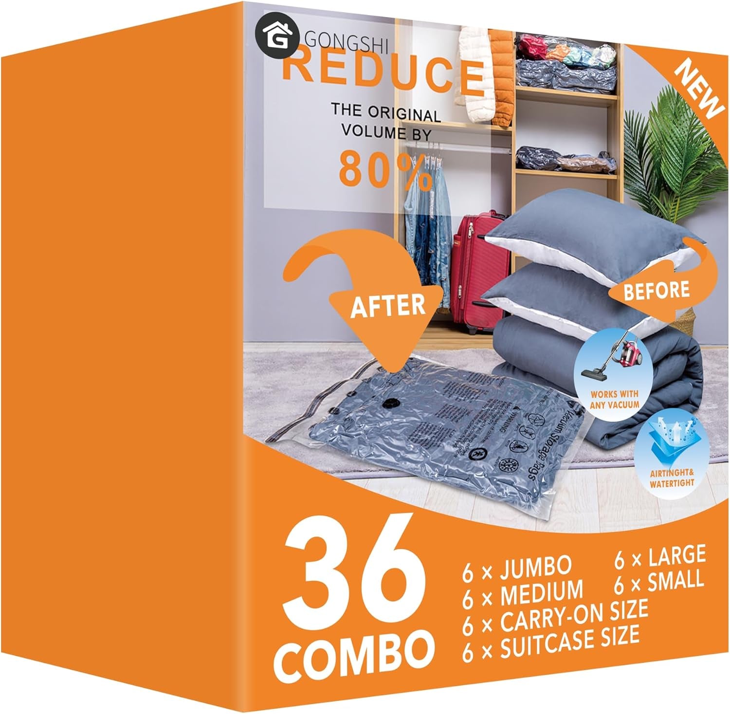 24-Pack Vacuum Storage Bags with Electric Pump – Jumbo, Large, Medium, Small & Roll-Up Bags for Clothes, Bedding, Pillows & Travel