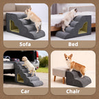 A 2x2 collage showing a dark gray pet stair ramp with a heart-shaped window in four use cases: labeled 'Sofa' with a dog on a sofa, 'Bed' with a cat on a bed, 'Car' with a puppy in an open trunk, and 'Chair' standing on the ramp beside a chair. The collage has beige rounded panels on a tan background.