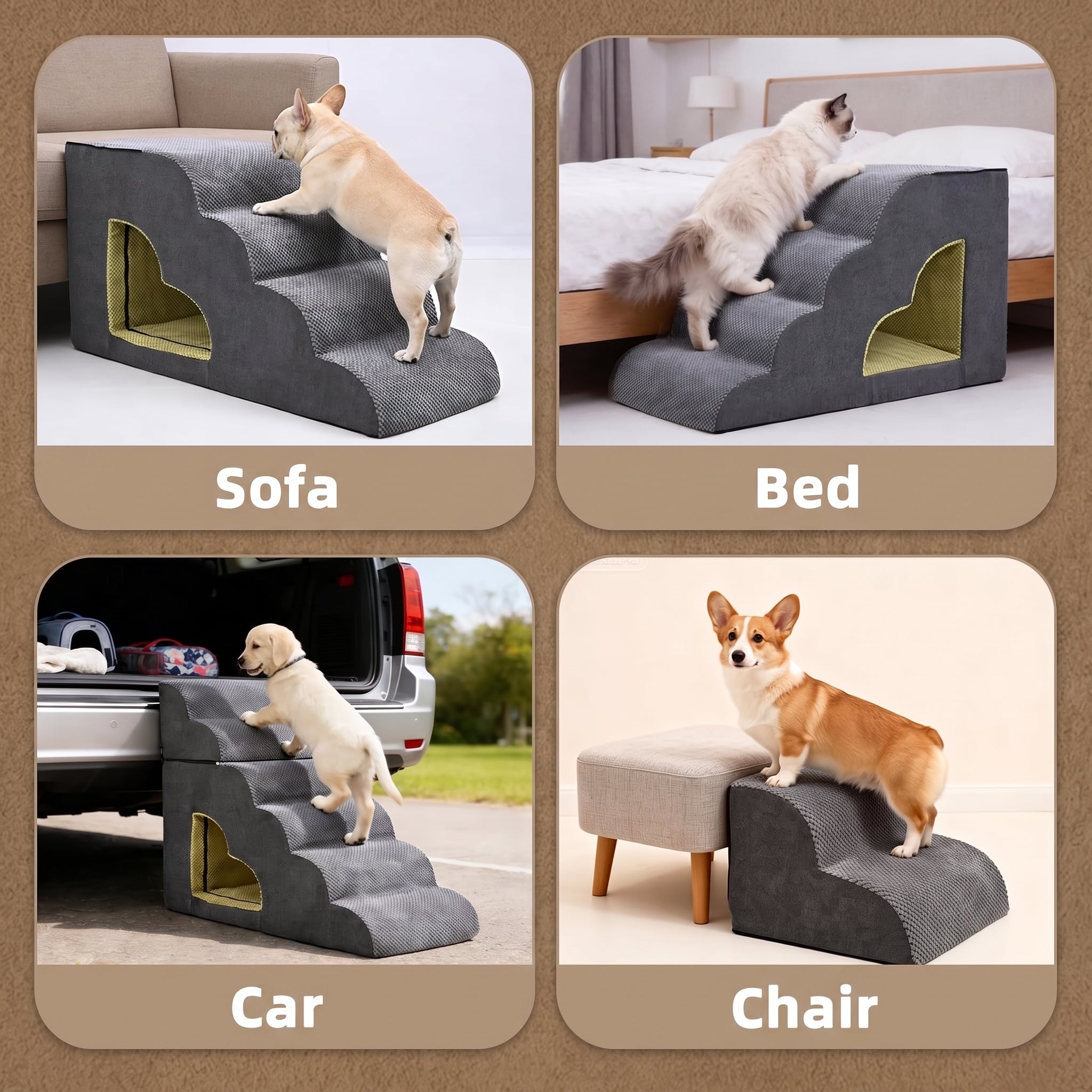 A 2x2 collage showing a dark gray pet stair ramp with a heart-shaped window in four use cases: labeled 'Sofa' with a dog on a sofa, 'Bed' with a cat on a bed, 'Car' with a puppy in an open trunk, and 'Chair' standing on the ramp beside a chair. The collage has beige rounded panels on a tan background.
