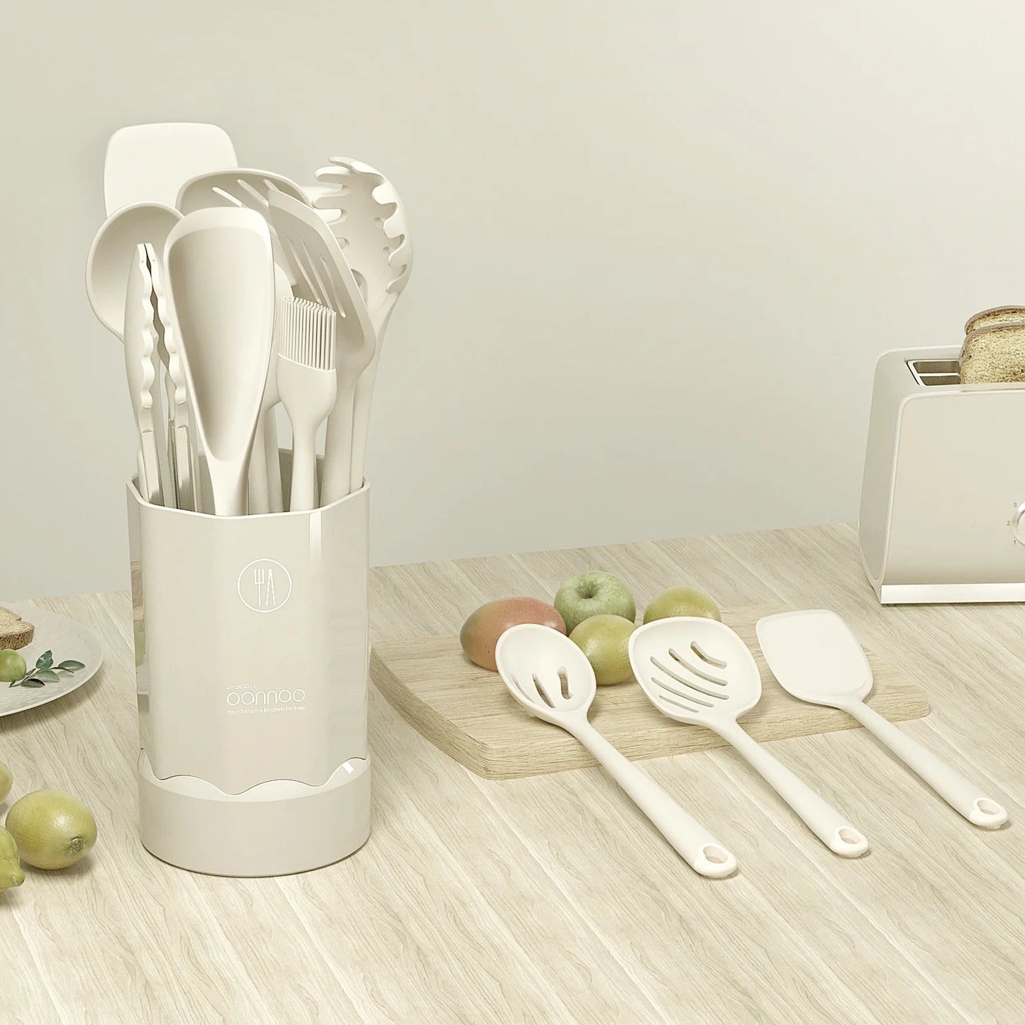 Silicone Kitchen Utensil Set, 600°F Heat Resistant Tools for Nonstick Cookware – Spatula, Spoon, Whisk, Tongs, Dishwasher Safe, BPA-Free (Cream White)