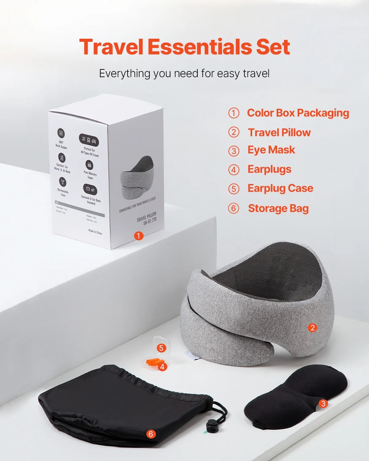 Casy Nest  Dual-Layer 3D Travel Neck Pillow – 360° Adjustable Memory Foam with Eye Cover, Noise Blockers & Carry Pouch