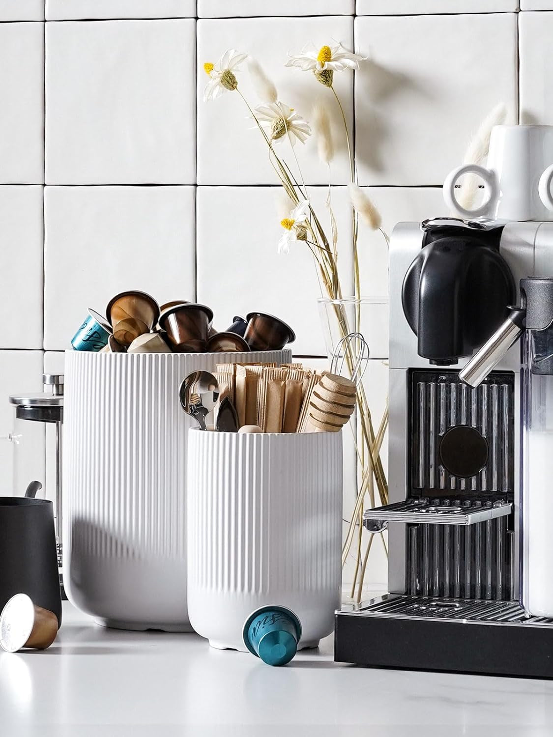 Set of 2 Ceramic Kitchen Utensil Holders, Large Modern Countertop Crocks for Spatulas & Cooking Tools, White (7.3" & 5.4")