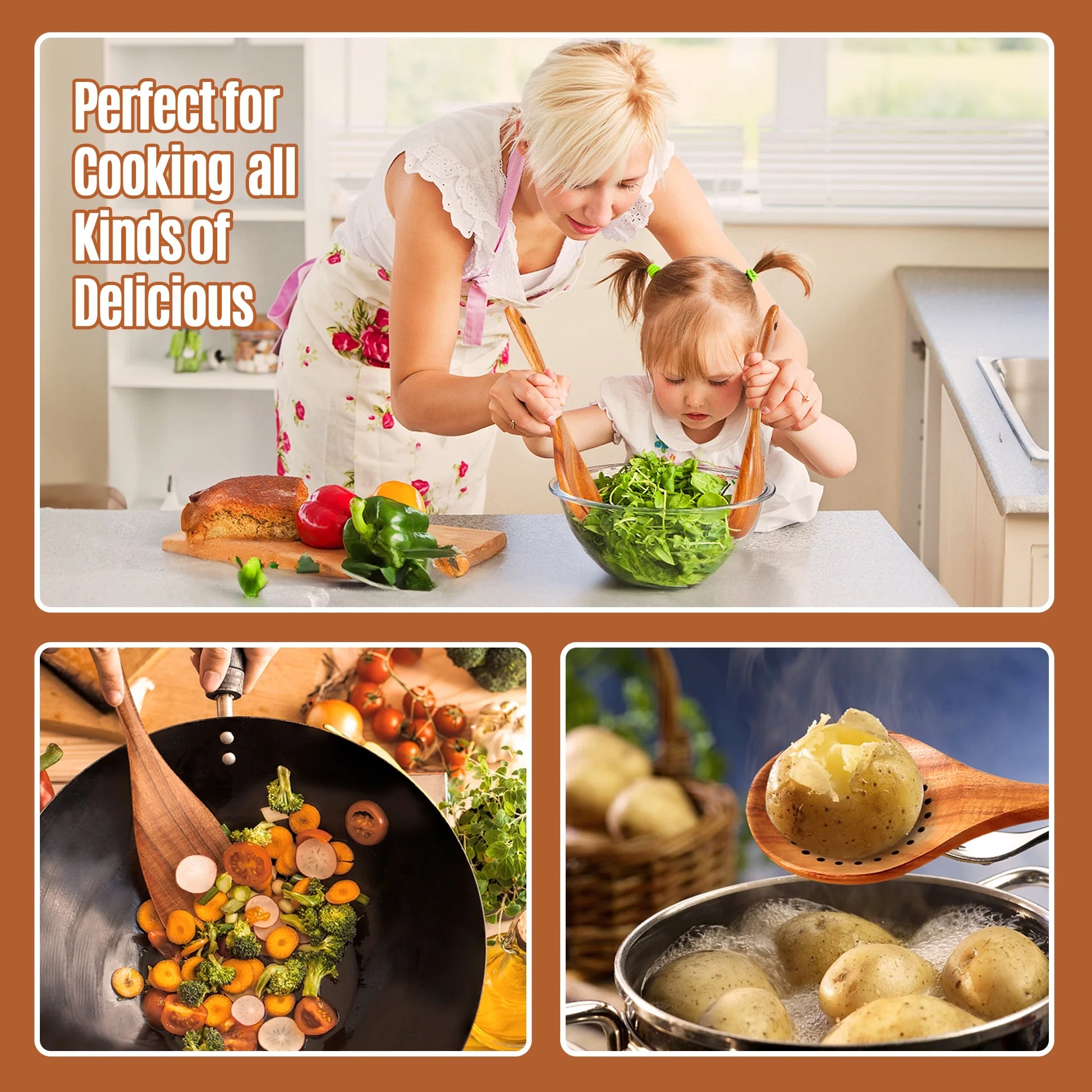 9-Piece Natural Teak Wooden Cooking Utensil Set with Holder & Spoon Rest, Safe for Nonstick Pans & Cookware