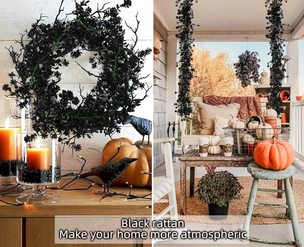 3-Pack Black Artificial Eucalyptus Garland with Flowers, Halloween & Fall Party Decor, Fake Floral Greenery for Wall Backdrop