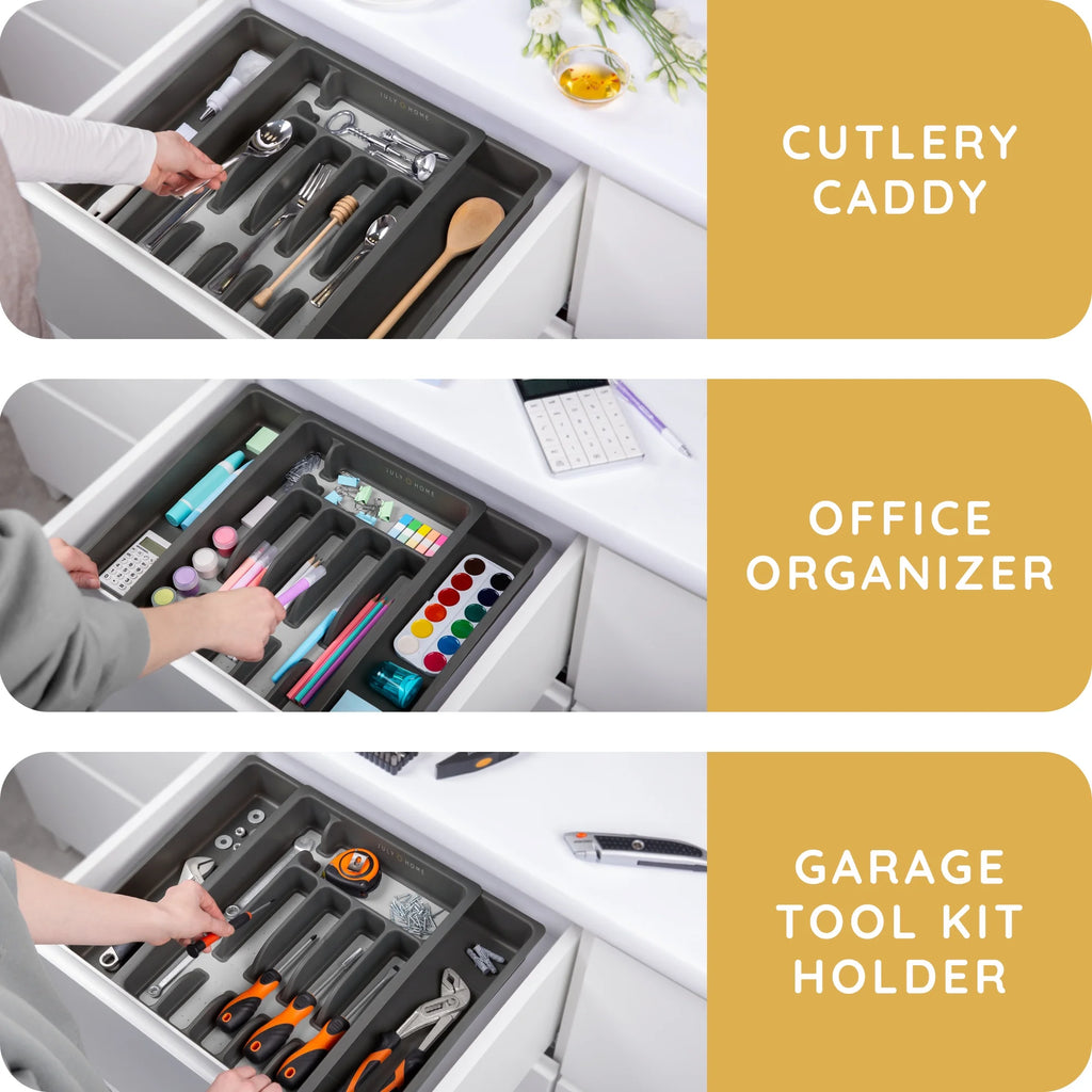 Expandable Plastic Kitchen Drawer Organizer for Silverware & Utensils, Cutlery Tray with Grooved Dividers