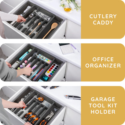 Expandable Plastic Kitchen Drawer Organizer for Silverware & Utensils, Cutlery Tray with Grooved Dividers
