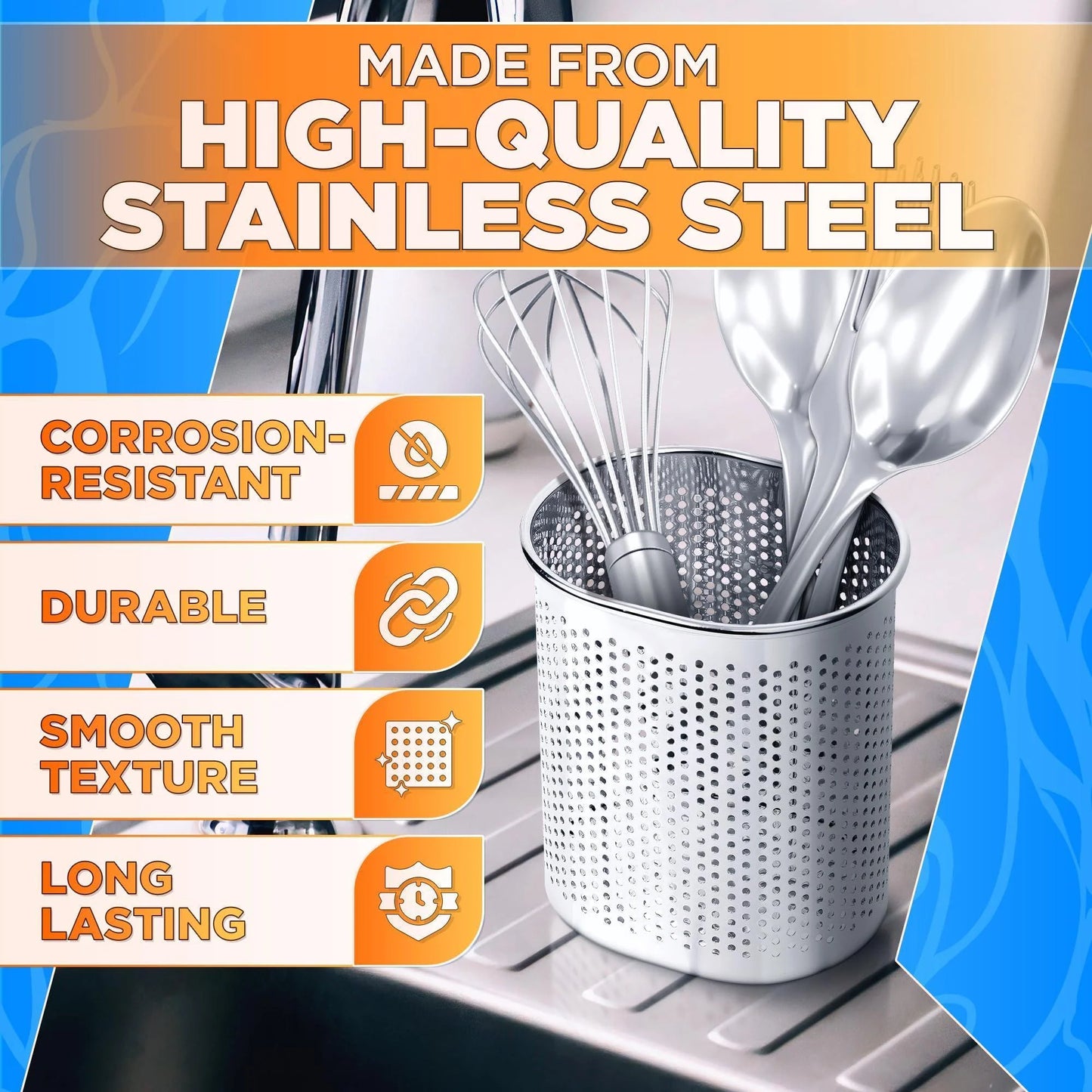 Perforated Stainless Steel Chopstick Holder – Drying Basket for Chopsticks & Utensils Compact Oval Design with Hook for Kitchen Organization Easy Storage and Utensil Drying Sturdy & Dishwasher Safe