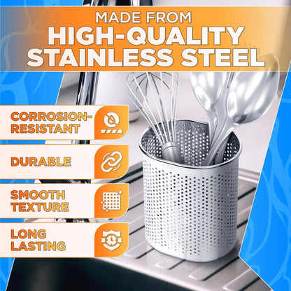 Perforated Stainless Steel Chopstick Holder – Drying Basket for Chopsticks & Utensils Compact Oval Design with Hook for Kitchen Organization Easy Storage and Utensil Drying Sturdy & Dishwasher Safe