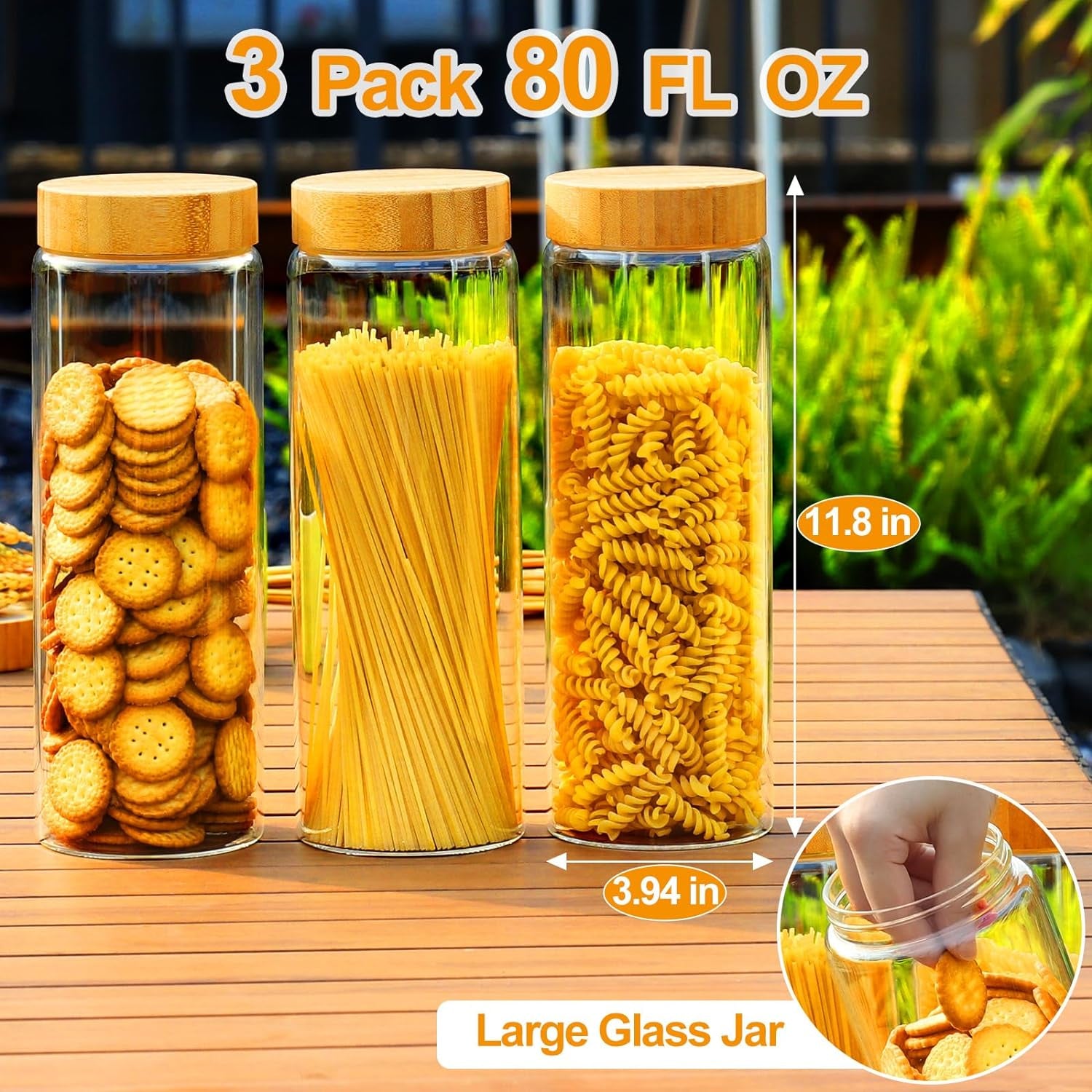 3-Pack Glass Storage Jars with Airtight Bamboo Lids, 80oz Canisters for Cereal, Cookies, Pasta & Kitchen Storage