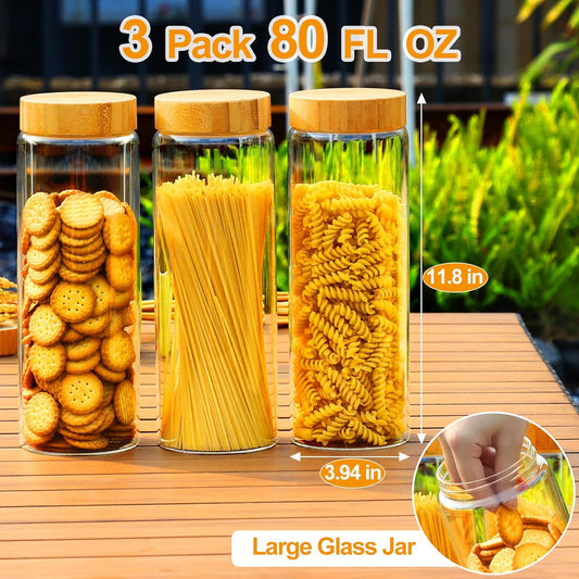 3-Pack Glass Storage Jars with Airtight Bamboo Lids, 80oz Canisters for Cereal, Cookies, Pasta & Kitchen Storage