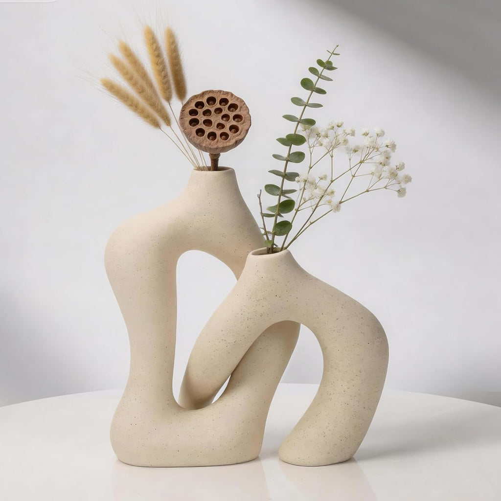 White Ceramic Decorative Vases Set of 2 Modern Home Decor