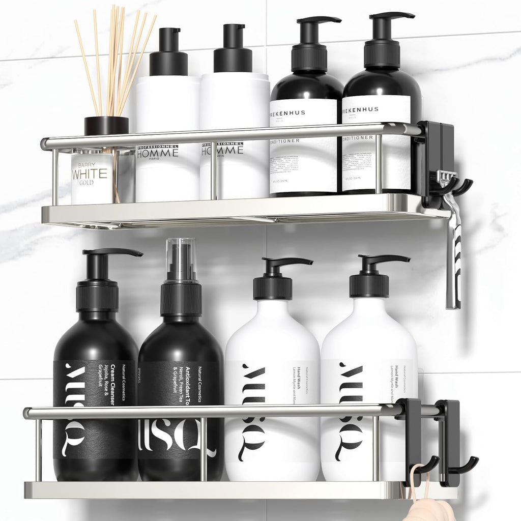 Adhesive Rustproof Shower Caddy with Removable Hooks, Large Capacity Bathroom Organizer, No-Drill Storage Shelf, Black