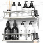 Adhesive Rustproof Shower Caddy with Removable Hooks, Large Capacity Bathroom Organizer, No-Drill Storage Shelf, Black