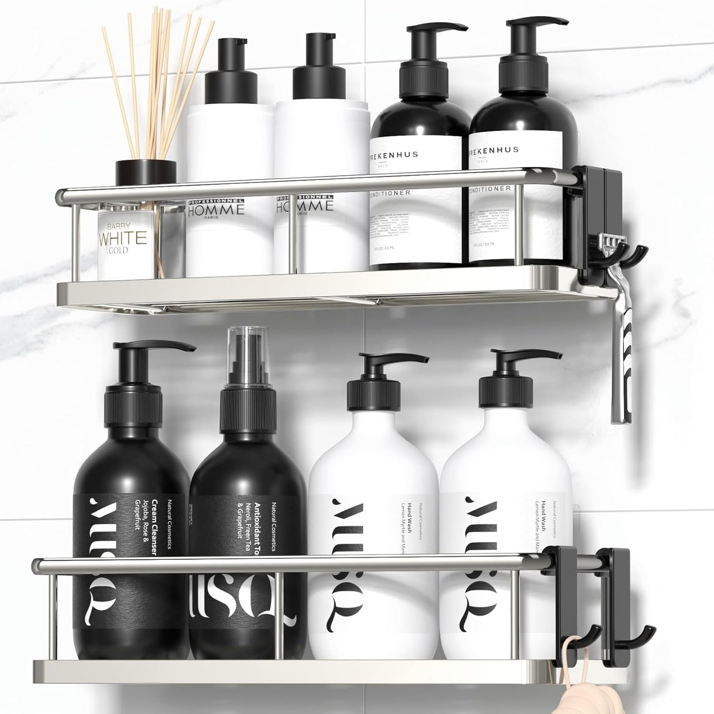 Adhesive Rustproof Shower Caddy with Removable Hooks, Large Capacity Bathroom Organizer, No-Drill Storage Shelf, Black