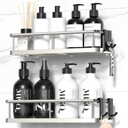 Adhesive Rustproof Shower Caddy with Removable Hooks, Large Capacity Bathroom Organizer, No-Drill Storage Shelf, Black