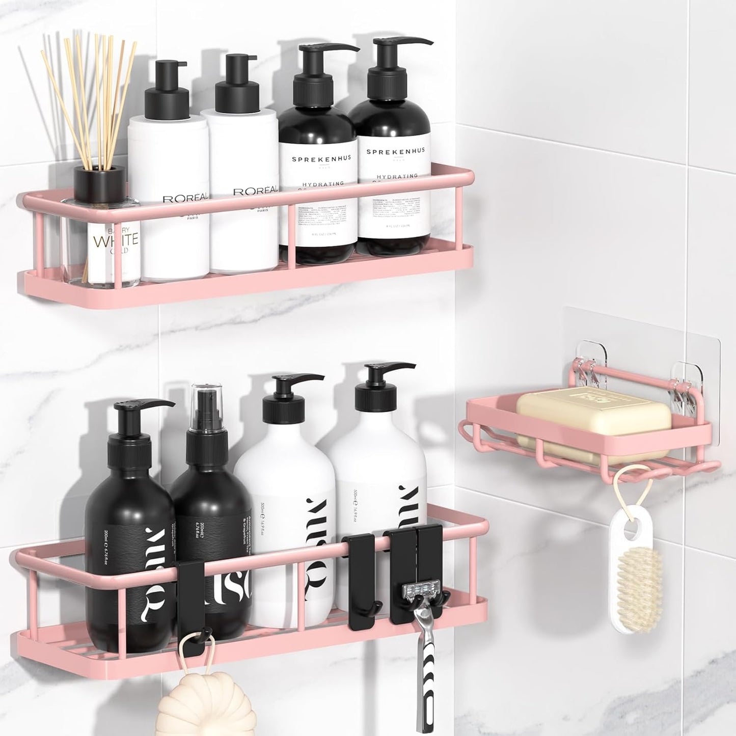Adhesive Rustproof Shower Caddy with Removable Hooks, Large Capacity Bathroom Organizer, No-Drill Storage Shelf, Black