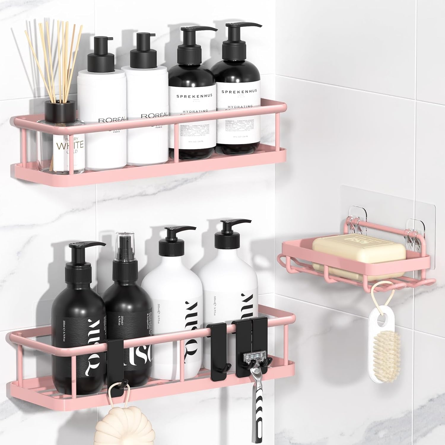 Adhesive Rustproof Shower Caddy with Removable Hooks, Large Capacity Bathroom Organizer, No-Drill Storage Shelf, Black