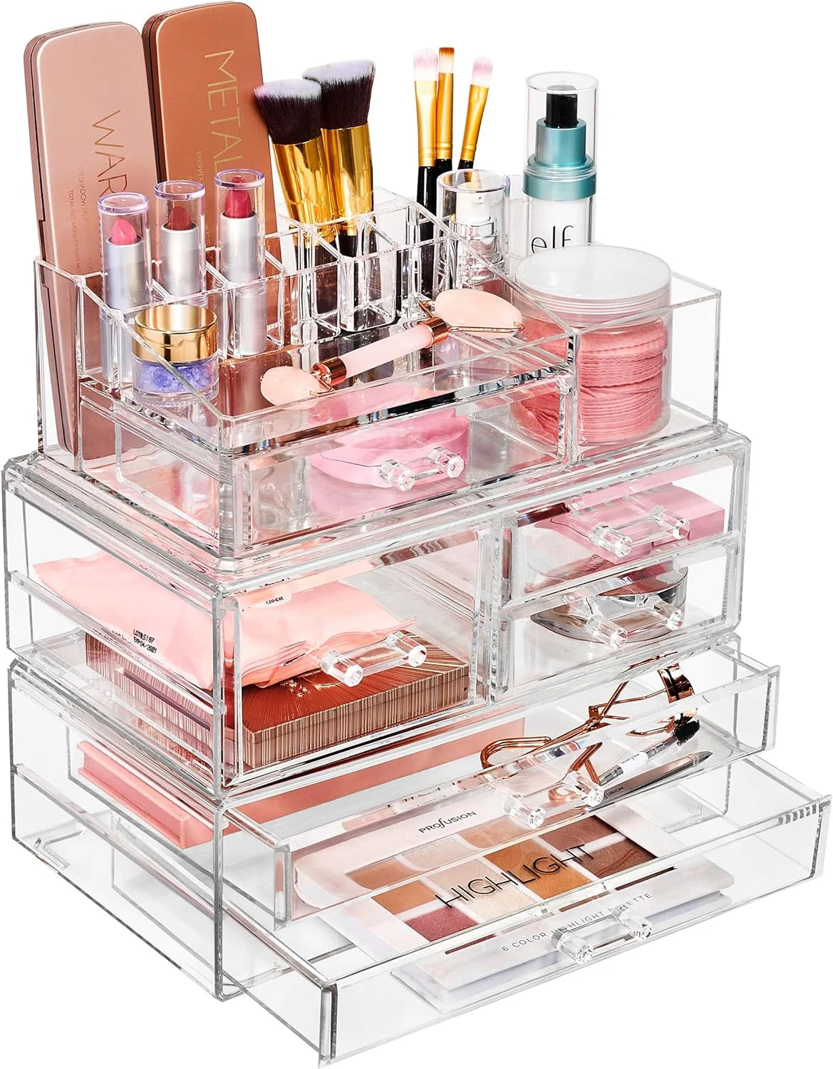 3 Piece Acrylic Makeup Organizer Set - Vanity Countertop Cosmetics and Jewelry Storage Case Display with 5 Easy Glide Drawers 16 Slot Top Tray
