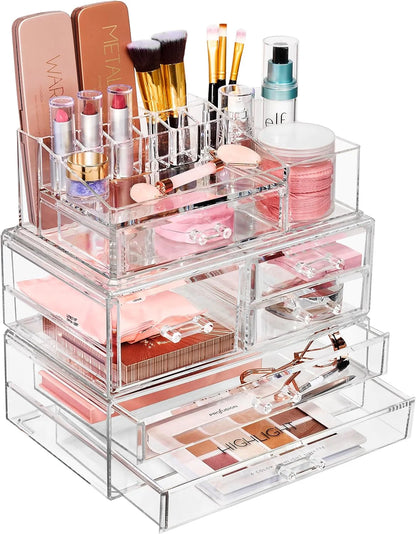 3 Piece Acrylic Makeup Organizer Set - Vanity Countertop Cosmetics and Jewelry Storage Case Display with 5 Easy Glide Drawers 16 Slot Top Tray
