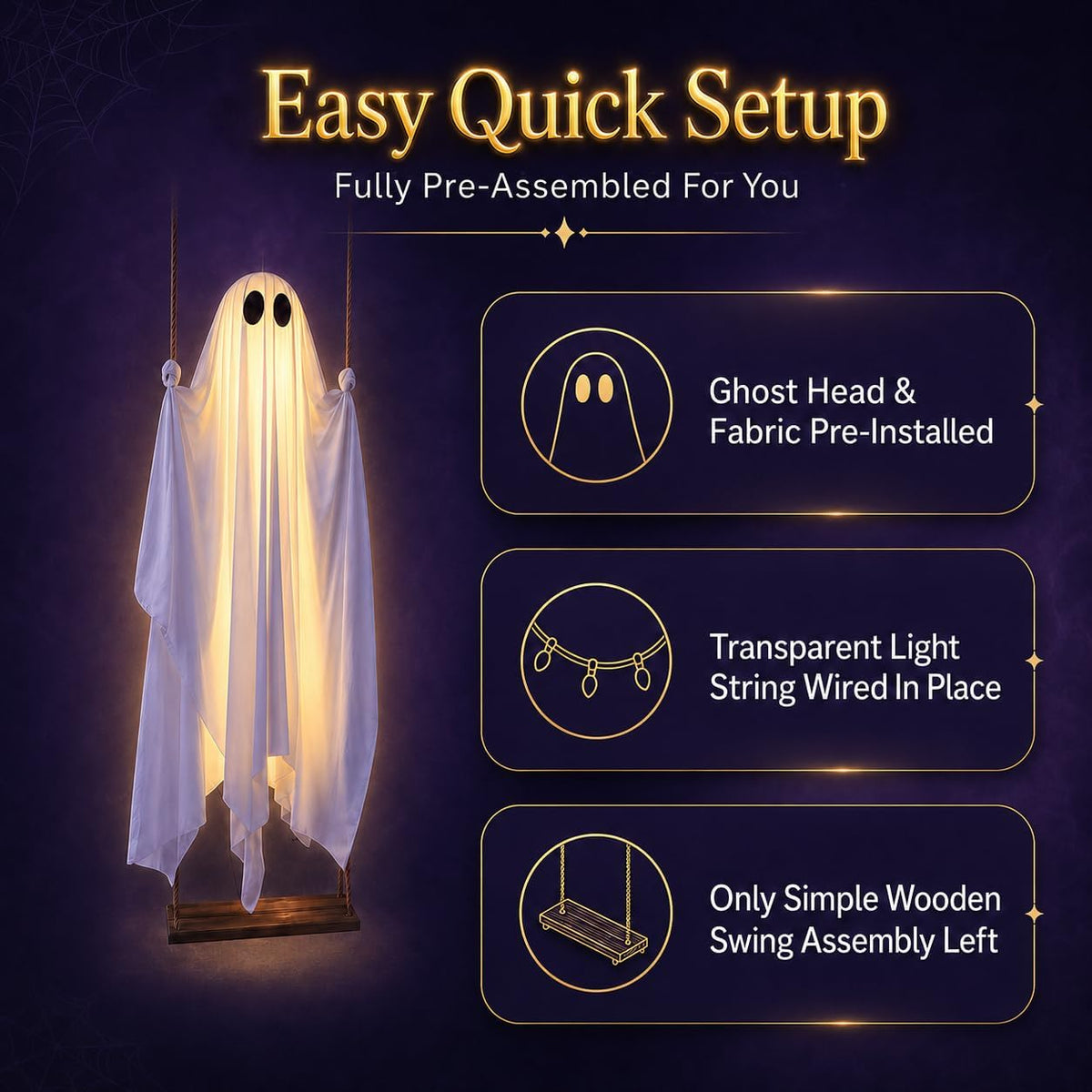 Large hanging ghost Halloween prop with swing for spooky outdoor decorations