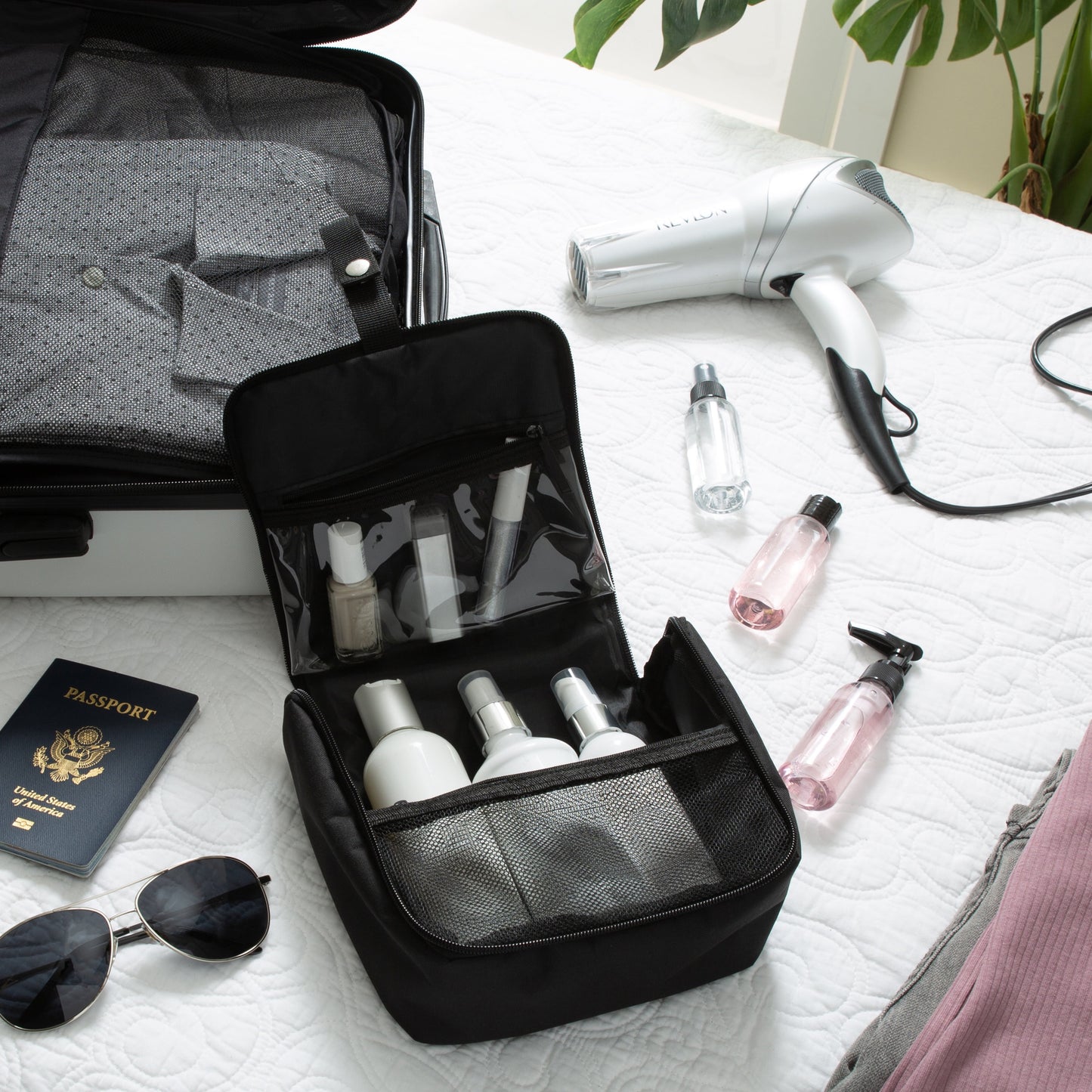 RPET Hanging Toiletry Bag Set with 3 Piece Clear Refillable Travel Bottles, Black