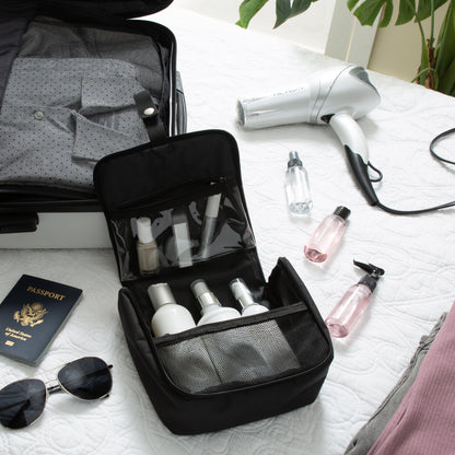 RPET Hanging Toiletry Bag Set with 3 Piece Clear Refillable Travel Bottles, Black