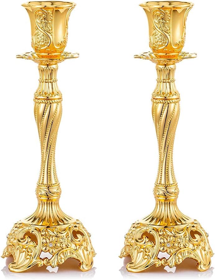 Set of 2 Gold Taper Candle Holders, 7.4" Ornate Candlesticks for Shabbat, Weddings, Christmas & Centerpieces