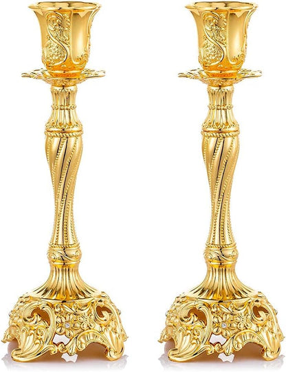 Set of 2 Gold Taper Candle Holders, 7.4" Ornate Candlesticks for Shabbat, Weddings, Christmas & Centerpieces