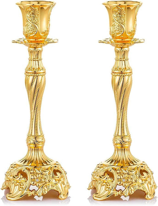 Set of 2 Gold Taper Candle Holders, 7.4" Ornate Candlesticks for Shabbat, Weddings, Christmas & Centerpieces