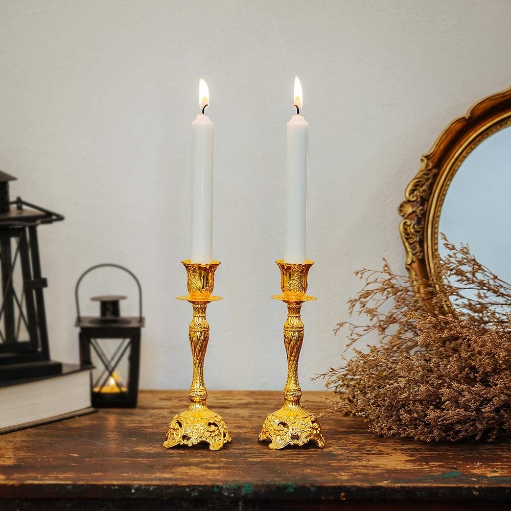 Set of 2 Gold Taper Candle Holders, 7.4" Ornate Candlesticks for Shabbat, Weddings, Christmas & Centerpieces