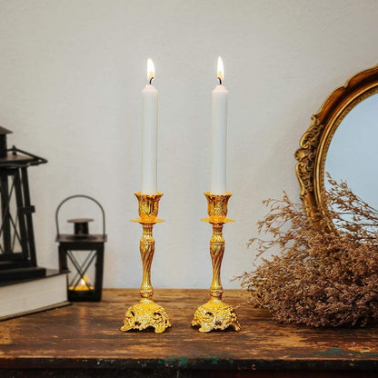 Set of 2 Gold Taper Candle Holders, 7.4" Ornate Candlesticks for Shabbat, Weddings, Christmas & Centerpieces