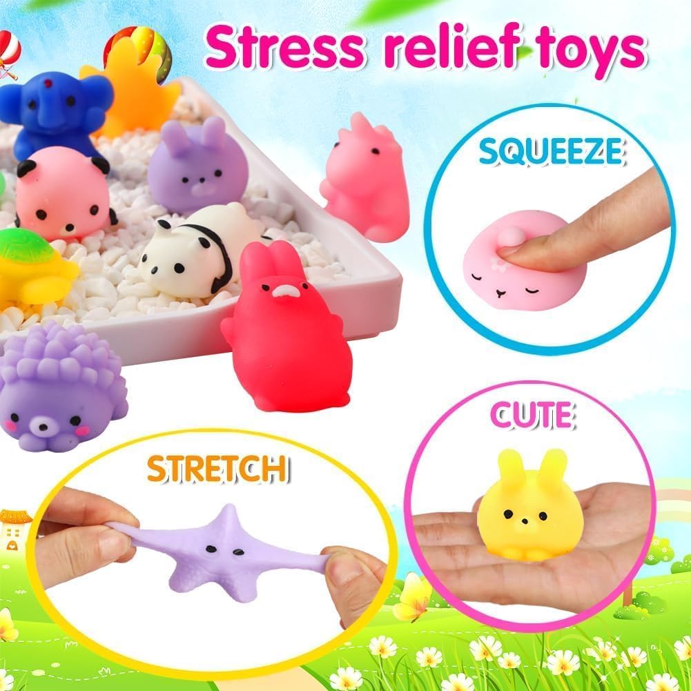 Mini animal-shaped squishy toys in assorted colors for party favors and prizes