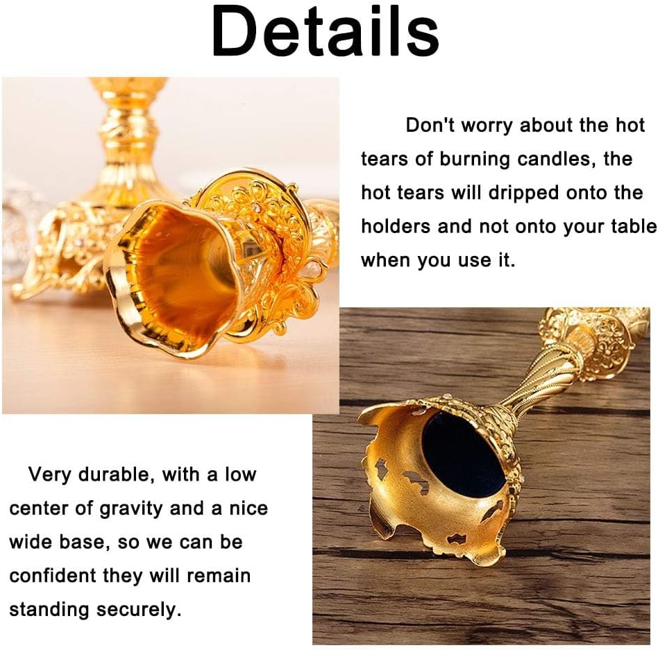 Set of 2 Gold Taper Candle Holders, 7.4" Ornate Candlesticks for Shabbat, Weddings, Christmas & Centerpieces