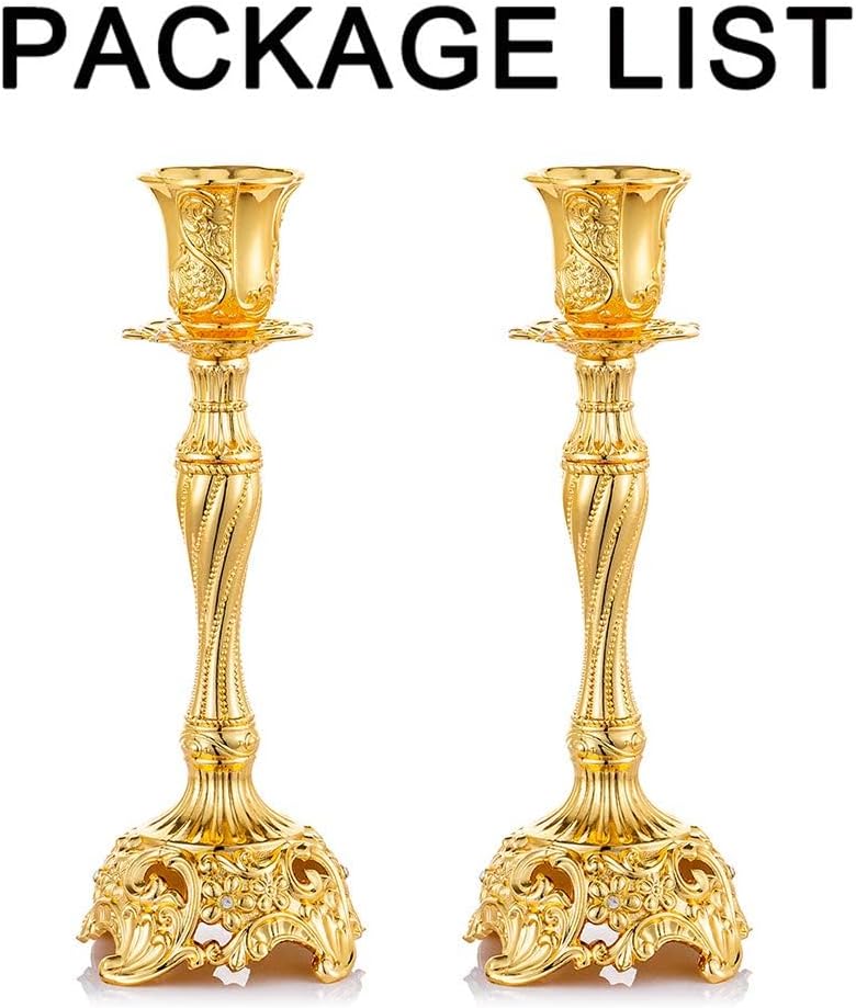 Set of 2 Gold Taper Candle Holders, 7.4" Ornate Candlesticks for Shabbat, Weddings, Christmas & Centerpieces