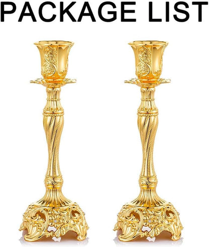 Set of 2 Gold Taper Candle Holders, 7.4" Ornate Candlesticks for Shabbat, Weddings, Christmas & Centerpieces