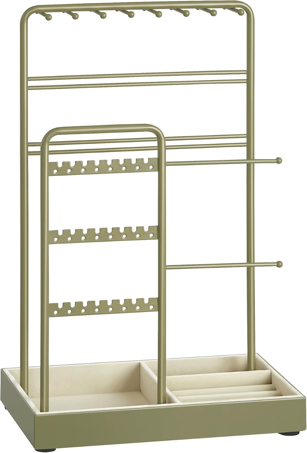 SONGMICS Necklace Holder, Jewelry Stand Holder Organizer, Jewelry Display with Metal Frame, Velvet Tray, Earring Bracelet Holder, for Gift Idea, 4.5 X 7.7 X 12.1 Inch, Pale Gold UJJS021A01