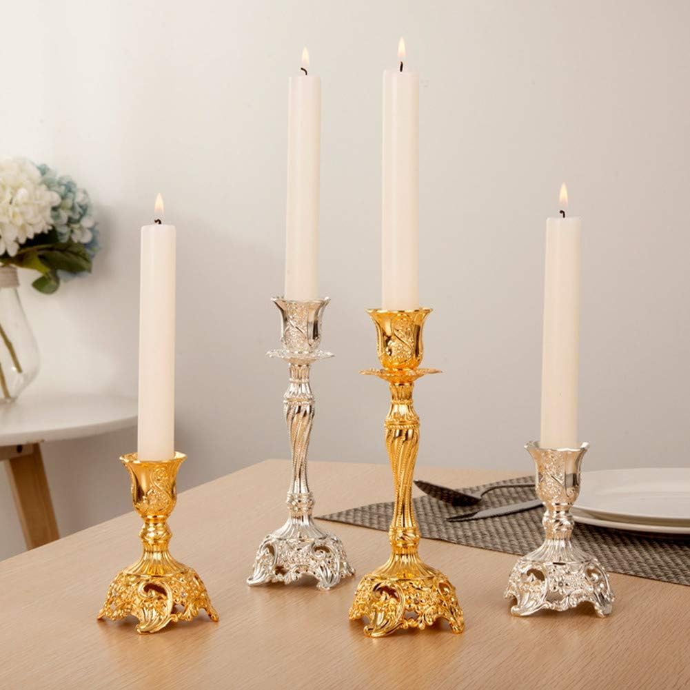 Set of 2 Gold Taper Candle Holders, 7.4" Ornate Candlesticks for Shabbat, Weddings, Christmas & Centerpieces