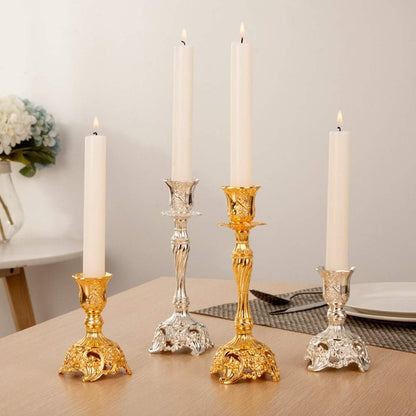 Set of 2 Gold Taper Candle Holders, 7.4" Ornate Candlesticks for Shabbat, Weddings, Christmas & Centerpieces