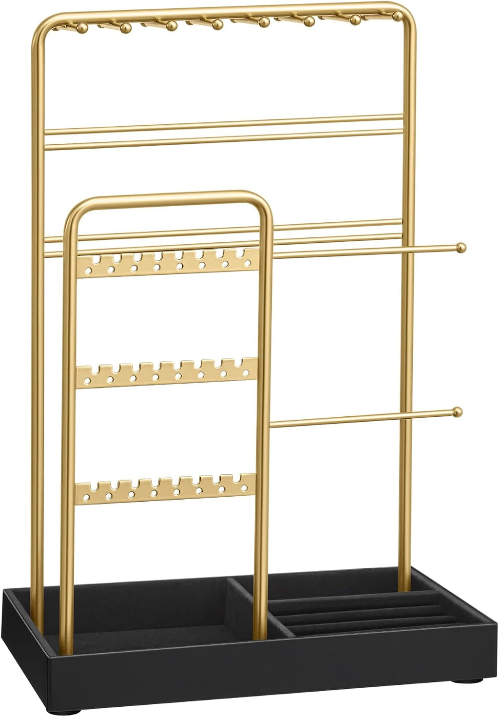 SONGMICS Necklace Holder, Jewelry Stand Holder Organizer, Jewelry Display with Metal Frame, Velvet Tray, Earring Bracelet Holder, for Gift Idea, 4.5 X 7.7 X 12.1 Inch, Pale Gold UJJS021A01
