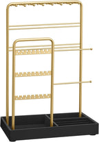 SONGMICS Necklace Holder, Jewelry Stand Holder Organizer, Jewelry Display with Metal Frame, Velvet Tray, Earring Bracelet Holder, for Gift Idea, 4.5 X 7.7 X 12.1 Inch, Pale Gold UJJS021A01