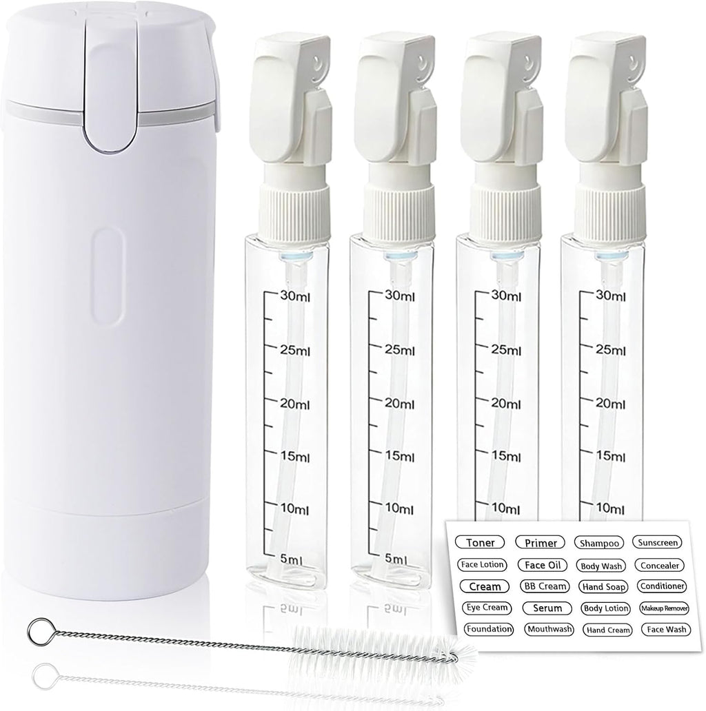 4 in 1 Travel Dispenser Bottle with Cleaning Brush,4 Pack 30Ml Leak Proof Refillable Travel Size Toiletries Containers for Shampoo Conditioner,Portable Travel Bottles Set for Vacation Camping & Gym