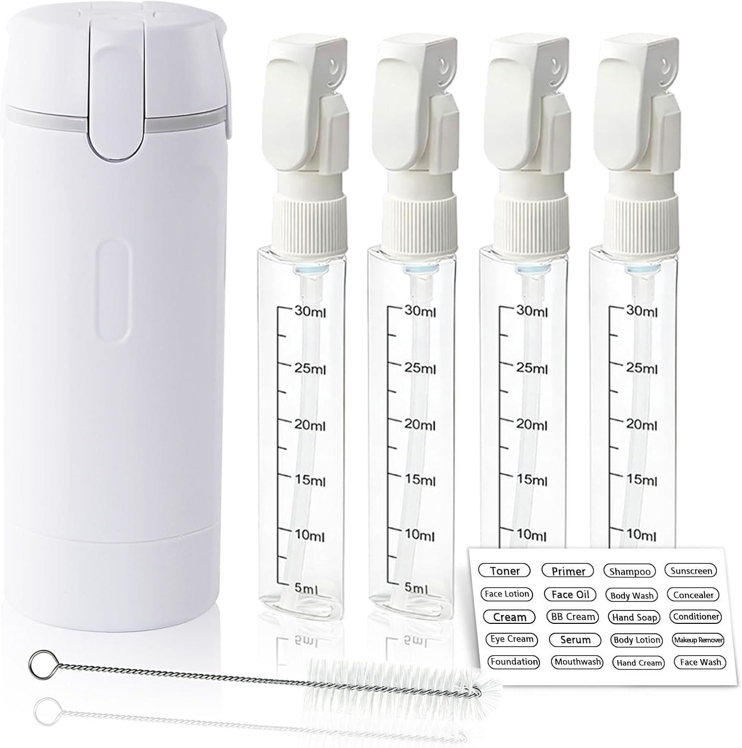 4 in 1 Travel Dispenser Bottle with Cleaning Brush,4 Pack 30Ml Leak Proof Refillable Travel Size Toiletries Containers for Shampoo Conditioner,Portable Travel Bottles Set for Vacation Camping & Gym