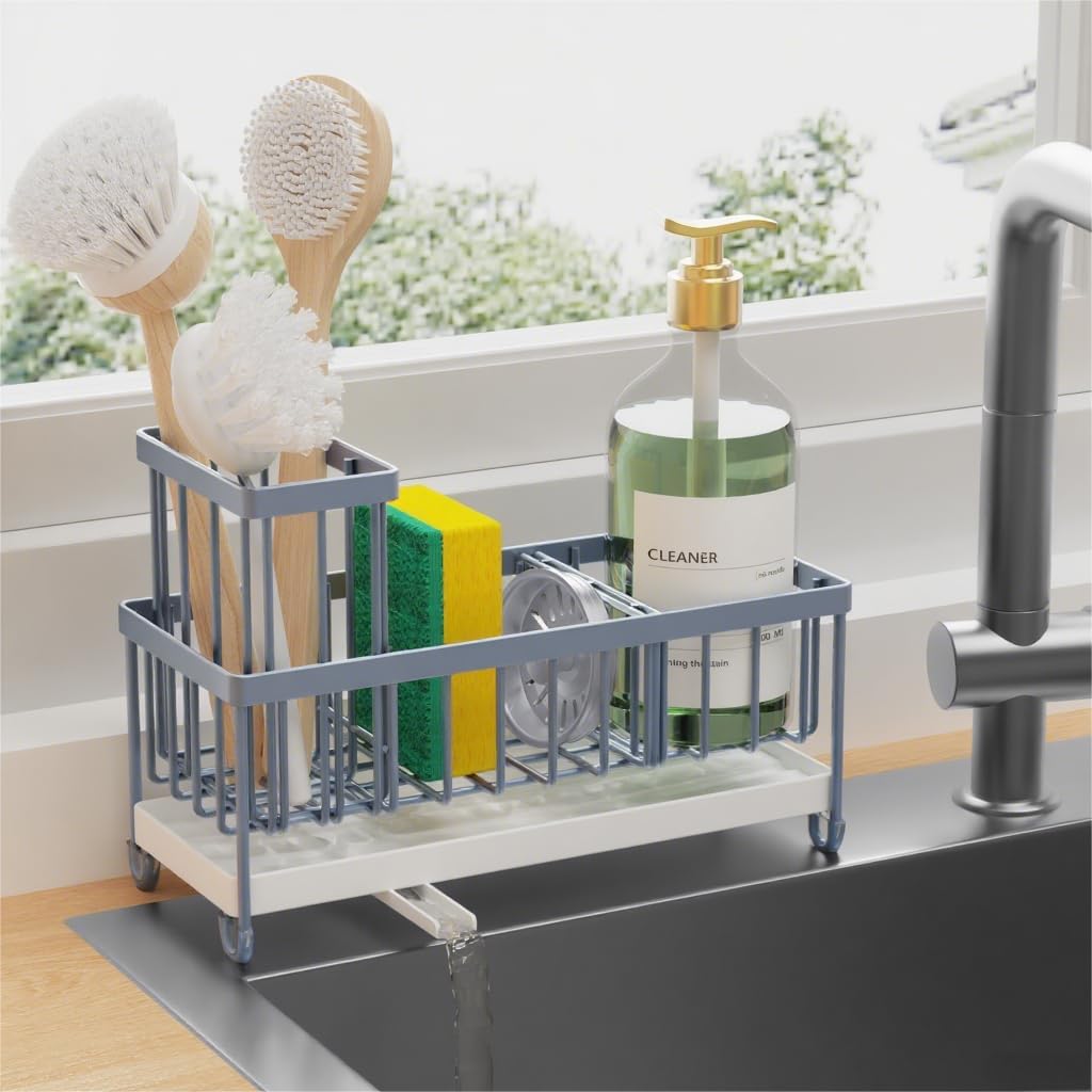 Cisily Black Sponge Holder for Kitchen Sink, Sink Caddy Organizer with High Brush Holder, Kitchen Countertop Organizers and Storage Essentials, Rustproof 304 Stainless Steel, Soap Dispenser Organize