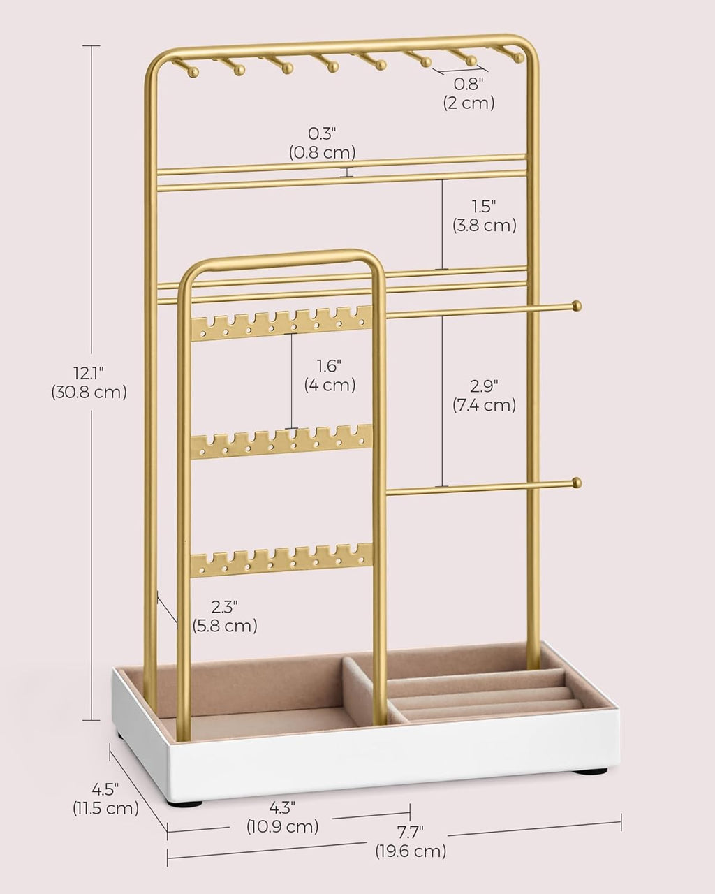 SONGMICS Necklace Holder, Jewelry Stand Holder Organizer, Jewelry Display with Metal Frame, Velvet Tray, Earring Bracelet Holder, for Gift Idea, 4.5 X 7.7 X 12.1 Inch, Pale Gold UJJS021A01