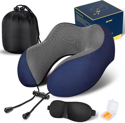 MLVOC Travel Pillow 100% Pure Memory Foam Neck Pillow, Comfortable & Breathable Cover, Machine Washable, Airplane Travel Kit with 3D Contoured Eye Masks, Earplugs, and Luxury Bag, Standard (Black)