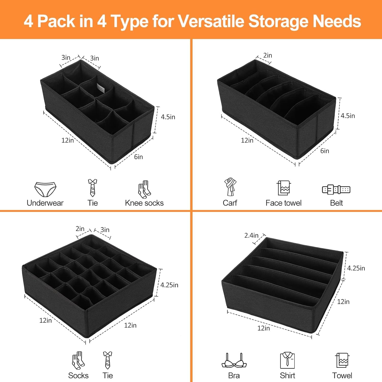 4 Pcs Underwear Drawer Organizers Divider, Closet Socks Organizer and Storage Boxes for Lingerie, Bra, Undies