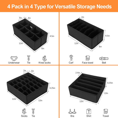 4 Pcs Underwear Drawer Organizers Divider, Closet Socks Organizer and Storage Boxes for Lingerie, Bra, Undies