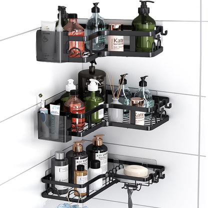 5 PCS Corner Shower Caddy, No Drilling Stainless Steel Shower Storage Rack with Hooks & Toothpaste Holder for Bathroom, Black