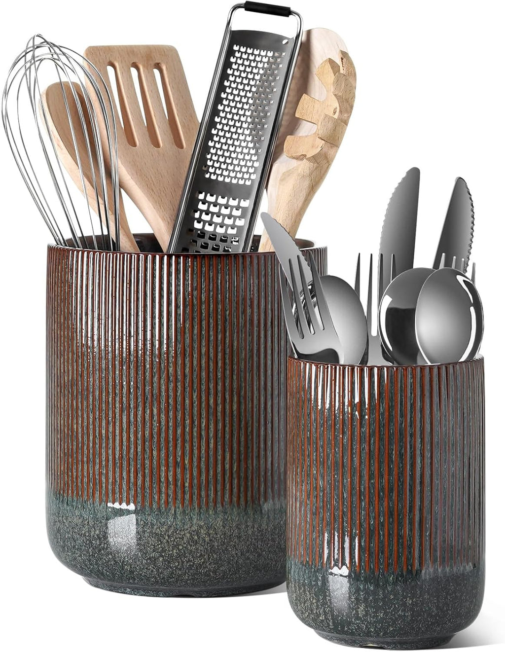 Set of 2 Ceramic Kitchen Utensil Holders, Large Modern Countertop Crocks for Spatulas & Cooking Tools, White (7.3" & 5.4")