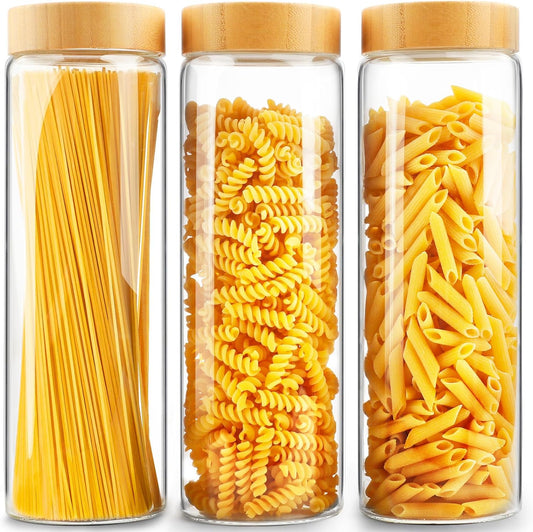 3-Pack Glass Storage Jars with Airtight Bamboo Lids, 80oz Canisters for Cereal, Cookies, Pasta & Kitchen Storage